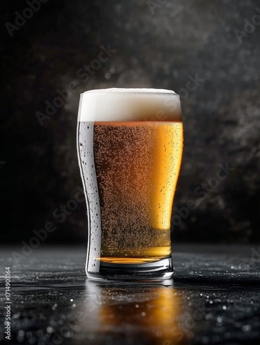 Fresh Cold Beer in a Glass With Foam on Top Against a Dark Background