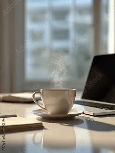 Warm Cup of Coffee on a Desk With Books and a Laptop in Bright Sunlight.