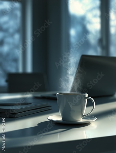 Morning Coffee on a Desk With a Laptop and Notebooks in a Cozy Modern Workspace