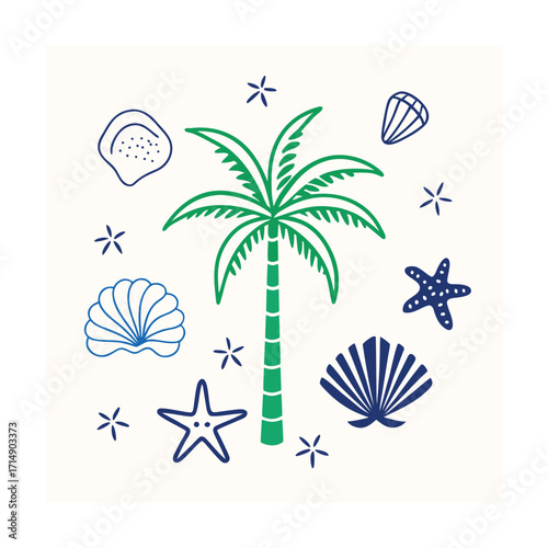 palm tree, seashells, starfish, sand, tropical, summer, beach, ocean, coastline, summer vibes, vacation, tropical decor, sea elements, nature, island, marine, sun, travel, sandy beach, ocean life, sum