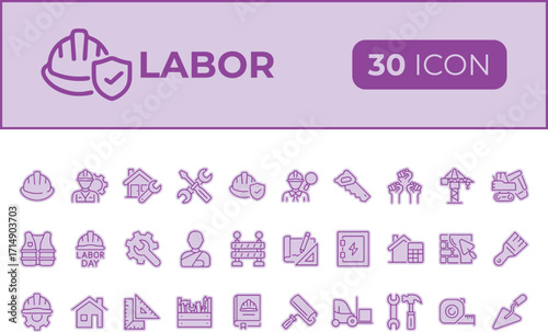 Collection of labor and construction icons isolated on transparent background