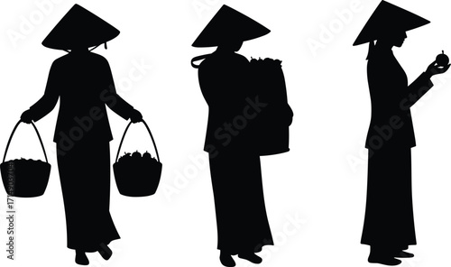 Silhouette of traditional Vietnamese farmers with conical hats carrying produce baskets, harvesting crops, rural agriculture lifestyle, cultural market scene vector illustration