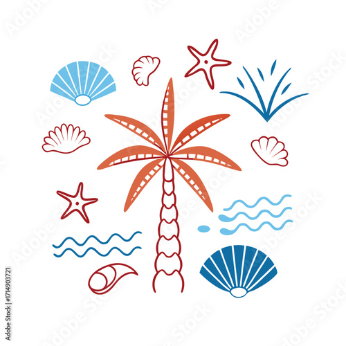 palm tree, seashells, starfish, sand, tropical, summer, beach, ocean, coastline, summer vibes, vacation, tropical decor, sea elements, nature, island, marine, sun, travel, sandy beach, ocean life, sum