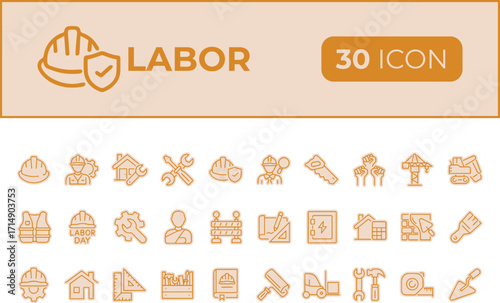 Collection of golden labor and construction icons isolated on transparent background