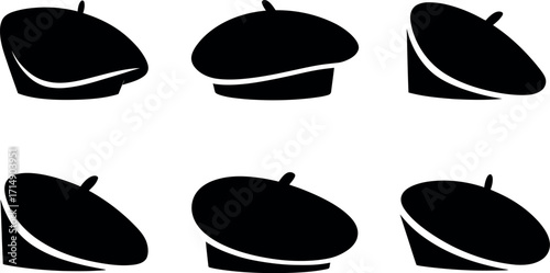 Beret hat in various positions black silhouette on white background
