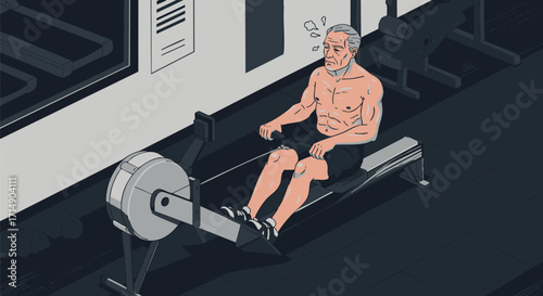 Aging Man Sweating on Rowing Machine at Gym for Fitness