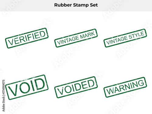 Grunge Style Green Rubber Stamp Set with Various Terms on White Background
