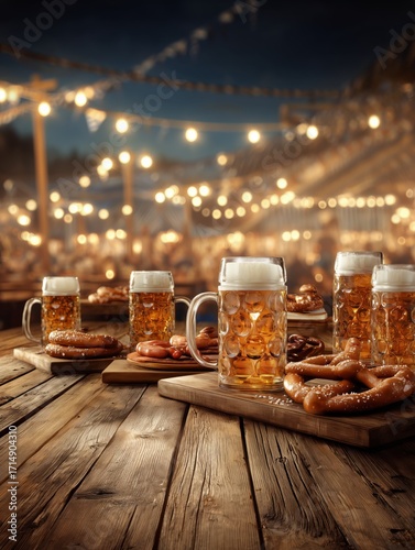 Enjoying Beer and Pretzels at a Festive Outdoor Event in the Evening.