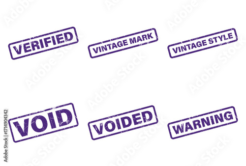 Purple Distressed Rubber Stamps Verified, Vintage Mark, Voided, Warning, and Style