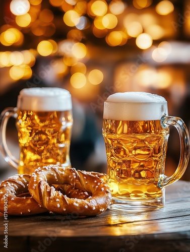 Craft Beer and Pretzels Served in a Cozy Pub Setting With Warm Lighting