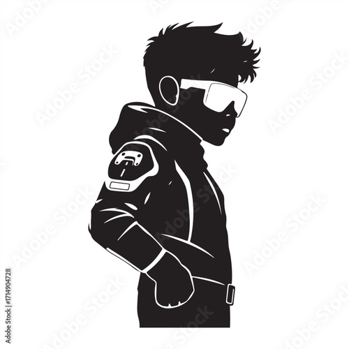 Classic black and white vector silhouette of a Tamil boy, futuristic sci-fi style, timeless and elegant, featuring advanced technology and subtle space elements on a clean white background.