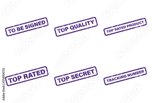 Purple Grunge Rubber Stamps with Phrases on White Background, isolated design