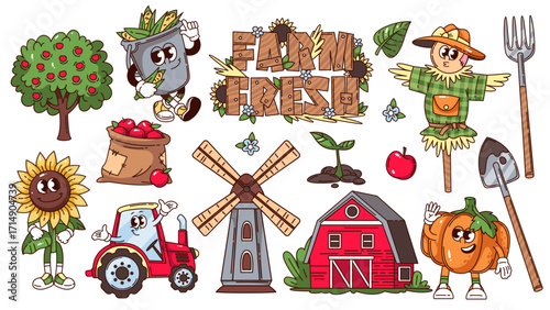 Farm elements in colorful cartoon style: vegetables, barn, tools, and signs. Groovy character sticker set of farm elements like tractor, apple, windmill, sprout, and sunflower. Vector illustration.