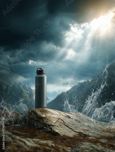 Metal Water Bottle Stands on a Rocky Shore With Waves Crashing Under a Dramat...