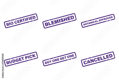 Purple Rubber Stamps with Different Texts on White Background, Retail Concept