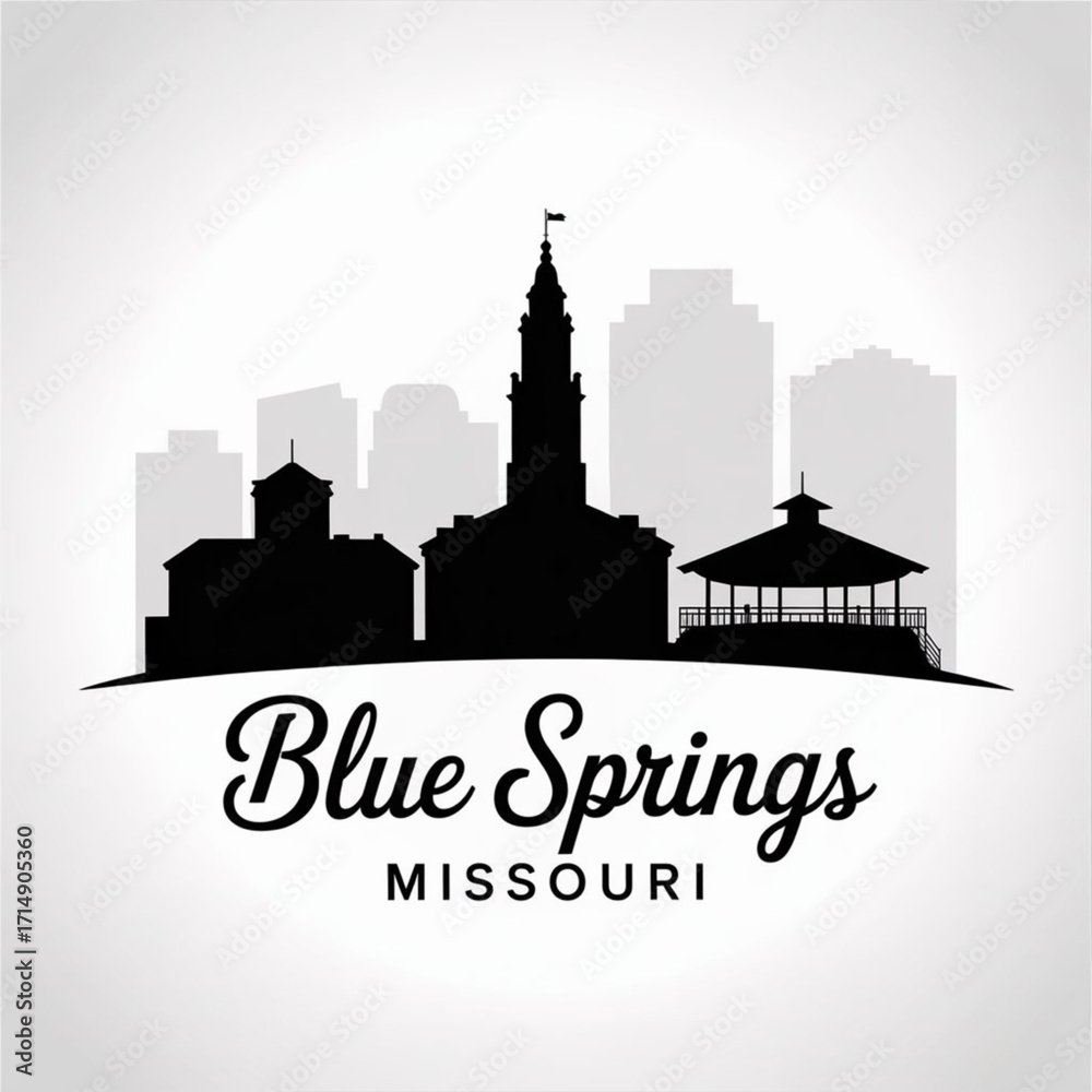 Fototapeta premium Blue Springs Missouri Skyline Silhouette — Lakefront Suburban City Vector Illustration