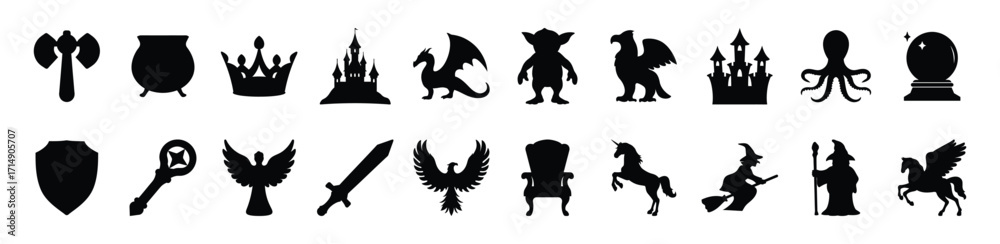 Obraz premium Fantasy and Medieval Silhouette Icon Collection, Set of black silhouette icons representing fantasy and medieval themes, including dragons, crowns, swords, shields, and mythical creatures. 