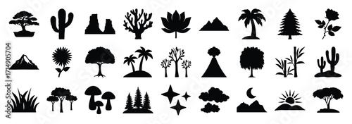 Silhouette icons of trees plants mountains and nature, Collection of black silhouette icons showing different trees, plants, cacti, mountains, and natural elements useful for design and decoration.
