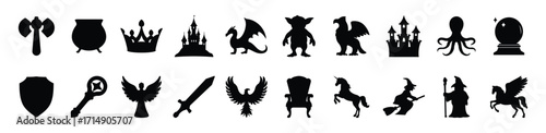 Fantasy and Medieval Silhouette Icon Collection, Set of black silhouette icons representing fantasy and medieval themes, including dragons, crowns, swords, shields, and mythical creatures.

