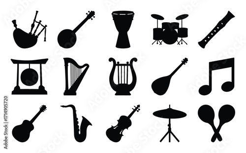 Silhouette Icons of Musical Instruments Collection, Set of black silhouette icons showing various musical instruments including strings, percussion, and wind instruments, ideal for music design.
