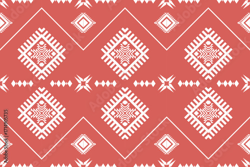 Geometric Pattern of White Symbols on a Coral Background with Repeating Diamond Shapes and Star Elements
