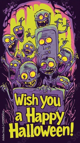 Creepy Cartoon Zombie Trio Wishing You a Happy Halloween – Colorful Spooky Illustration with Green Undead Characters, Purple Night Sky, Gravestones and Scary Fun Horror Art for Party Posters