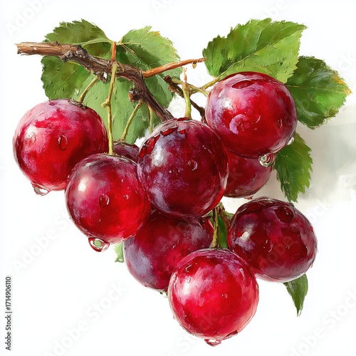 Bunch of red grapes on a stem with dewdrops, fresh and juicy, isolated on a clean white background.