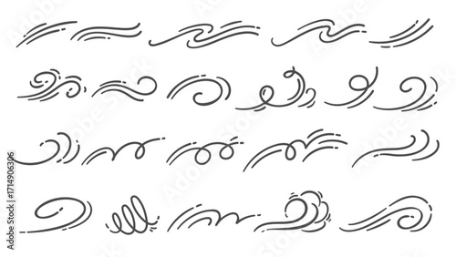 Set of wind swirl doodle elements. Curved, wavy, spiral, and flowing air lines in cartoon doodle style. Multiple wind, breeze, gust shapes. Suitable for design, weather, decor. Vector illustration.