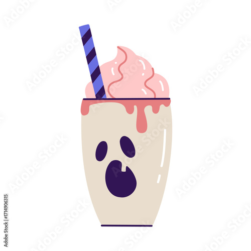 Flat vector illustration of white cup with ghost screaming face. Halloween drink with whipped cream and straw for sticker, postcard, print. Minimalist drawing isolated on white background.