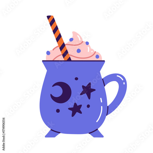 Flat vector illustration of Halloween drink for postcard, scrapbooking, print design, or sticker. Minimalist drawing of witch's cauldron mug. Coffee or cocoa with whipped cream and straw.