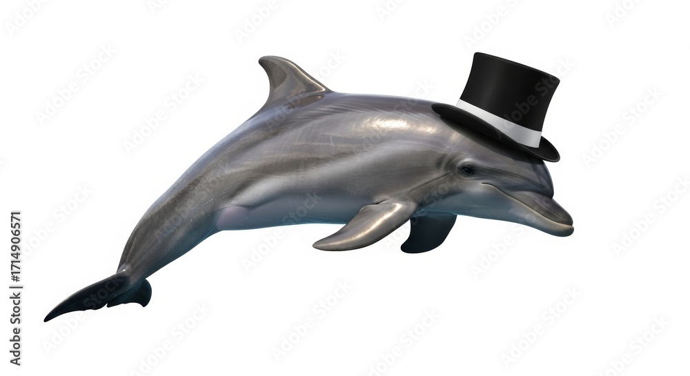 Obraz premium dolphin wearing a top hat, formal attire, on a solid white background