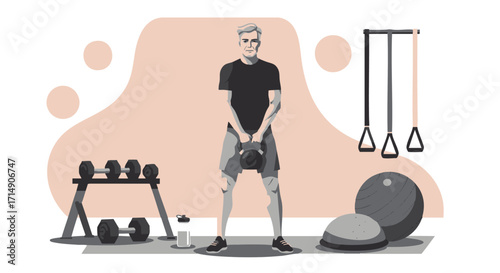 Senior Man Exercising with Kettlebell and Fitness Equipment in a Gym Setting - Workout Concept