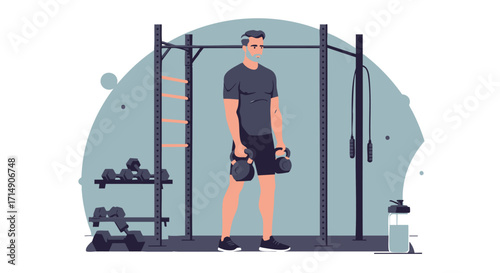 Fit and Healthy Middle-Aged Man Holding Kettlebells in a Gym Setting