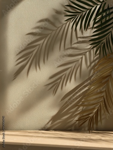 Shadows of Palm Leaves on a Warm Wall Create a Serene Atmosphere in a Tropica...