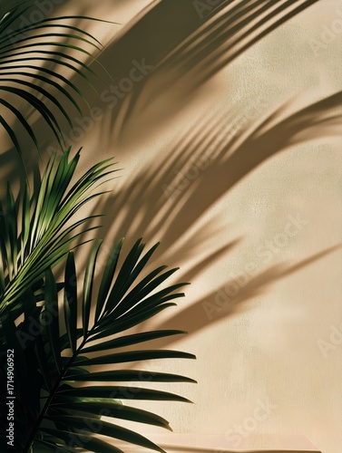 Palm Leaves Cast Intricate Shadows on a Textured Wall in Warm Afternoon Light