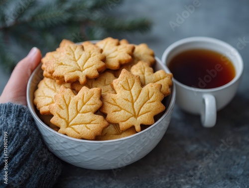 Wallpaper Mural White bowl filled with maple leaf shaped cookies on a gray surface with a small cup of tea Torontodigital.ca