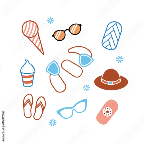 Adobe Summer Fun Essentials, Beach Vacation Accessories, Summer Style Must-Haves, Tropical Holiday Gear, Sunny Day Outfit Illustration Artwork