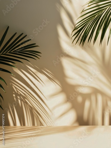 Shadows of Tropical Leaves Create a Serene Atmosphere in a Sunlit Indoor Space