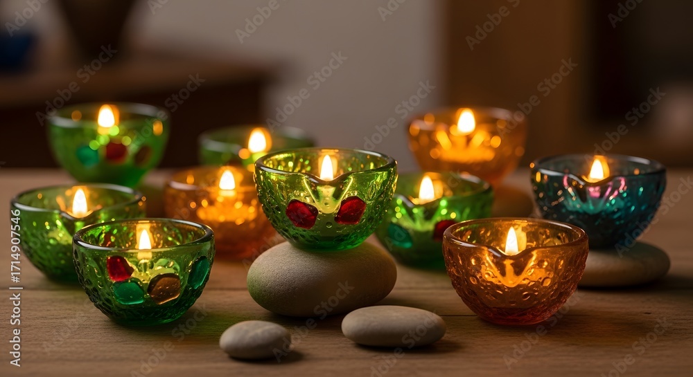 Vibrant oil lamps glow on a rustic wooden surface with decorative stones, creating a warm, festive atmosphere.