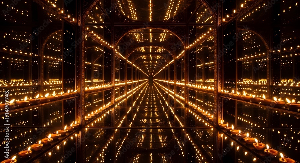 Obraz premium Infinite reflection of illuminated traditional oil lamps in a mirrored dark room creating a spiritual ambiance