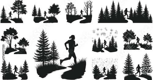 Trail running silhouette in forest landscape, outdoor exercise, nature jogging, fitness lifestyle, woodland path runner illustration