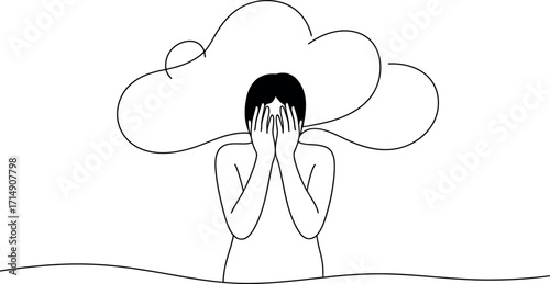 Line art of woman covering face feeling overwhelmed by her thoughts