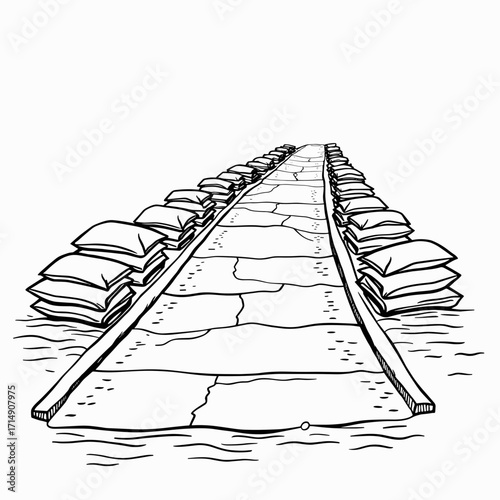 Flooded sidewalk with sandbags illustrated in black and white  