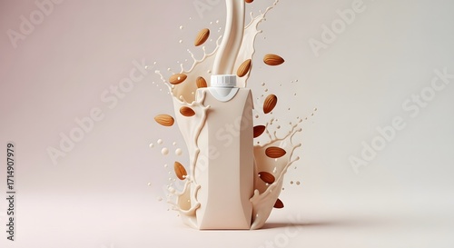 3D render of almond milk carton with splashing liquid and almonds