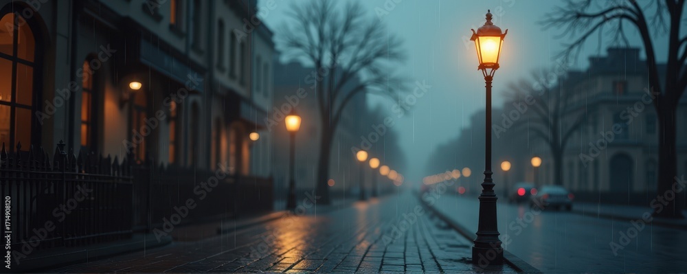 Fototapeta premium Vintage Streetlamp Rainy City Scene