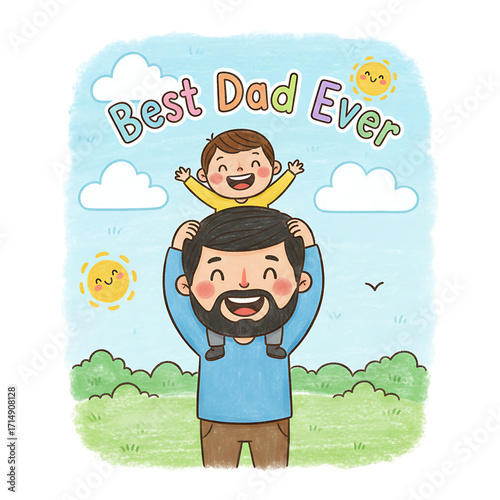 Happy father and child celebrating best dad ever isolated on transparent background