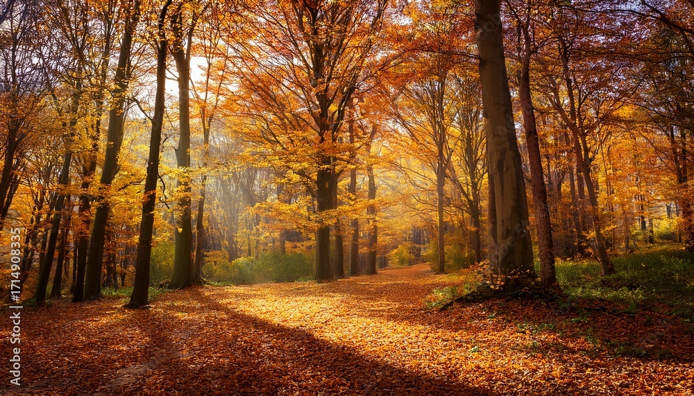 Fototapeta premium Autumn In The Forest With Golden Leaves On Trees