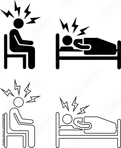 Pictogram illustration of headache and migraine pain in various postures