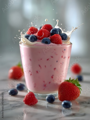 Delicious Berry Smoothie With Splash and Fresh Fruit Decoration on Marble Sur...