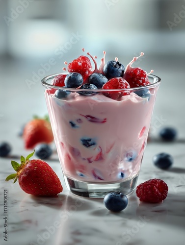 Delicious Berry Smoothie With Splash and Fresh Fruit Decoration on Marble Sur...